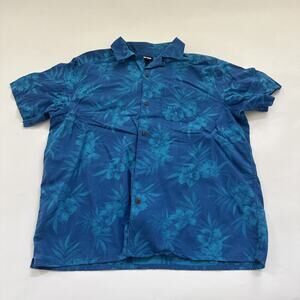 Lands End Traditional Fit Hawaiian Shirt Rayon Cotton Short‎ Sleeve Blue Large
